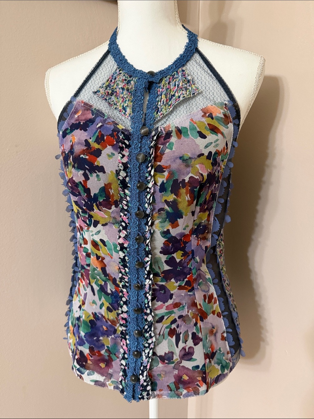Byron Lars Anthropologie Multicolor Floral Halter Tank with Blue Lace Trim